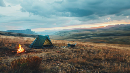 A minimalistic camping setup with a single tent, a campfire, and a vast, open landscape, emphasizing the simplicity and freedom of campingの素材