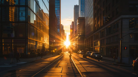 A sunset view of skyscrapers casting long shadows on city streets, creating a dramatic urban sceneの素材