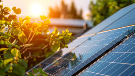 Close-up of solar panels on a rooftop, capturing sunlight and converting it into renewable energyの素材
