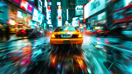 A taxi cab driving through a rainy city street with blurred car lightsの素材