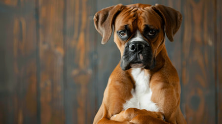 A strong-willed boxer dog ignoring commands, standing defiantly with crossed armsの素材