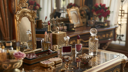 A vintage-style vanity table with lipsticks, perfumes, and jewelry, evoking a sense of classic beautyの素材