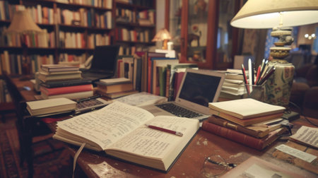 A writer's desk cluttered with notebooks, pens, and a laptop, illustrating a productive workspaceの素材