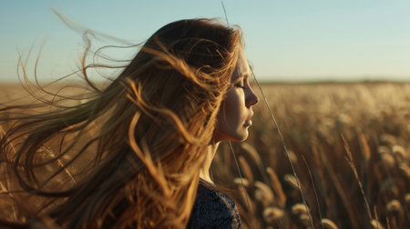 A young woman with long, flowing hair standing in a field, wind blowing through her hairの素材
