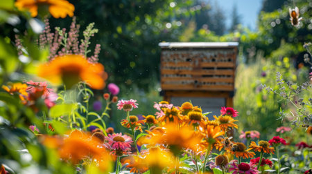 A vibrant garden with a beehive in the background, illustrating the connection between nature and honey productionの素材