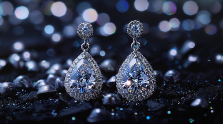 A stunning pair of diamond earrings displayed against a dark background, highlighting their sparkle and eleganceの素材