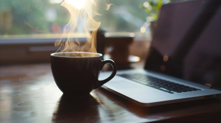 A steaming cup of black coffee placed next to an open laptop on a desk, representing productivity and work ambianceの素材