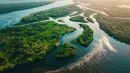 Aerial view of a meandering river delta flowing into the ocean, beautiful natural landscapeの素材