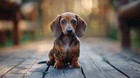 Cute Dachshund puppy sitting obediently on a wooden floor, ears perked upの素材