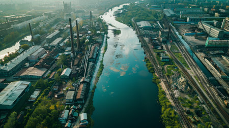 Aerial view of a polluted river with industrial buildings along the banks, environmental issuesの素材