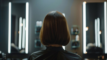 A woman with sleek straight hair, looking into a mirror at a salonの素材