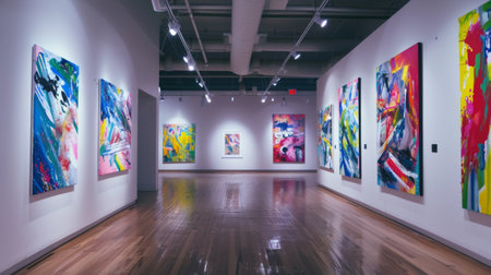 Abstract artwork on display in an art gallery, colorful acrylic paint on canvasの素材