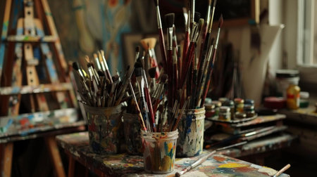 An artist's desk cluttered with paintbrushes and pens, showcasing a creative workspaceの素材