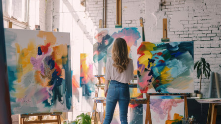 A woman painting abstract art in a bright studio, surrounded by canvasesの素材