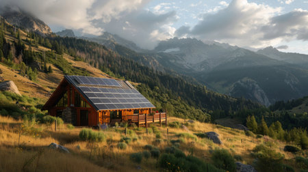 Solar energy installation on a remote mountain cabin, enabling off-grid livingの素材