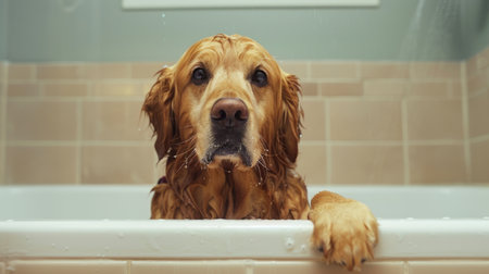 An obstinate golden retriever resisting a bath, sitting stubbornly in a bathtubの素材