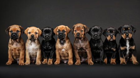Puppies of various breeds sitting in a row, looking at the camera with curiosityの素材
