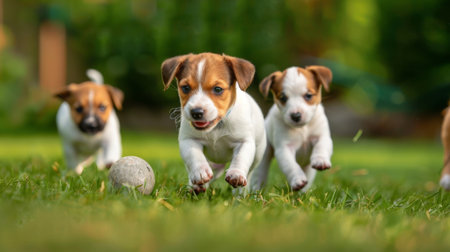 Playful Jack Russell terrier puppies chasing a ball in a backyard gardenの素材