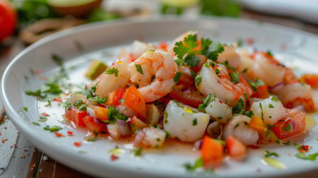 Fresh seafood ceviche with shrimp, scallops, and diced vegetables, marinated in citrus juiceの素材