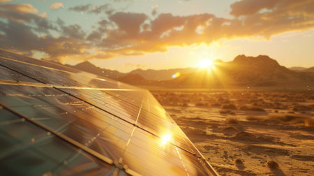Close-up of solar panels on desert terrain, emphasizing renewable energy in arid regionsの素材