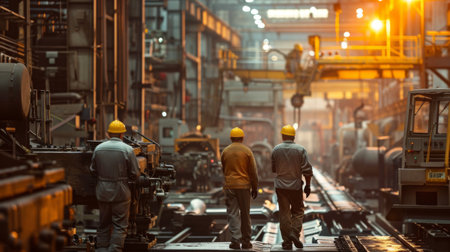 Workers in safety helmets and uniforms operating machinery on a factory floor, focusing on productionの素材