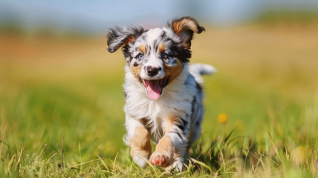 Happy Australian Shepherd puppy running through a meadow, ears floppingの素材
