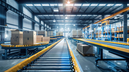 Industrial interior with automated packaging machines and conveyor belts in a packaging facilityの素材