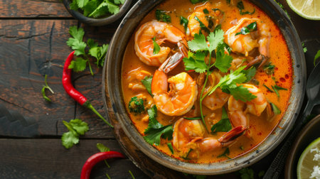 Seafood curry with coconut milk, shrimp, and fish, garnished with fresh herbsの素材