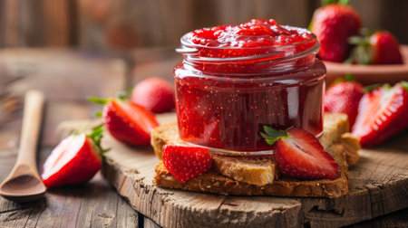 Strawberry jam in a jar, spread on freshly baked toastの素材