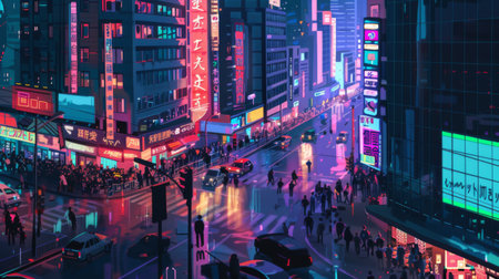 A bustling urban nightlife scene with people and cars moving around skyscrapers in the city center.の素材