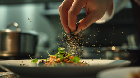 A chef's hand sprinkling ground black pepper onto a dish, adding the final touch.の素材