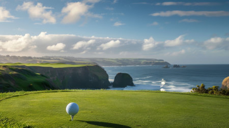 A golf ball on a tee with a scenic view of a coastal golf course, overlooking the ocean and cliffs.の素材