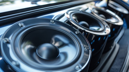 A close-up of a subwoofer mounted in a car trunk, designed for deep bass and immersive audio.の素材