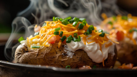 A close-up of a loaded baked potato with sour cream, cheese, and chives, steaming hot and ready to eat.の素材