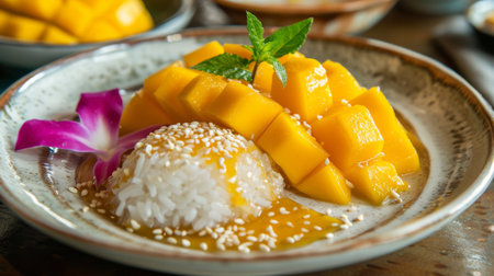 A beautifully arranged plate of mango sticky rice with coconut milk, garnished with sesame seeds.の素材