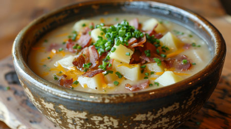 A hearty potato soup with chunks of potato, bacon, and cheese, served in a rustic bowl.の素材