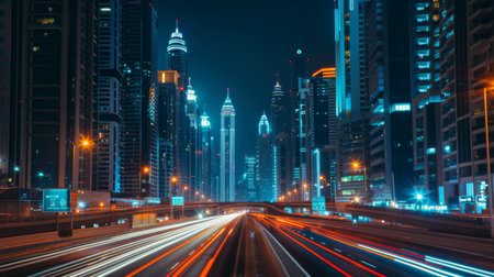 A long exposure shot of car lights streaking past towering skyscrapers in a bustling city at night.の素材