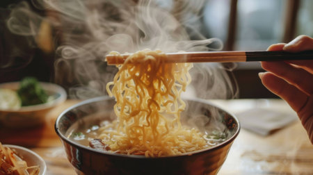 A person enjoying a bowl of traditional Asian noodles with chopsticks, steam rising from the bowl.の素材
