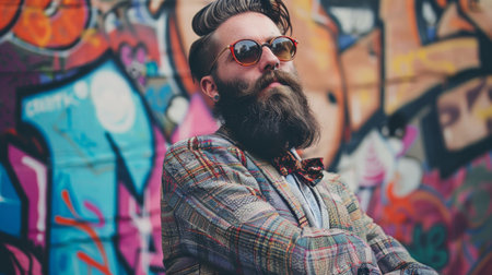 A hipster with a beard and undercut hairstyle, posing against an urban graffiti wall.の素材