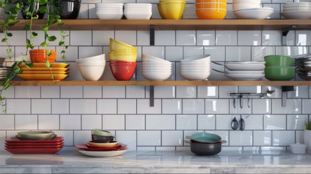 A modern kitchen with open shelves displaying neatly stacked colorful ceramic plates and bowls.の素材