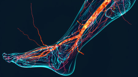 A medical scan image displaying the veins in a human leg, used for diagnostic purposes.の素材