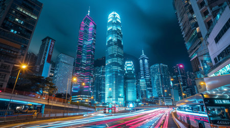 A long exposure shot of car lights streaking past towering skyscrapers in a bustling city at night.の素材