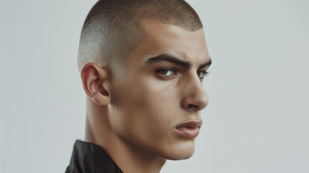A man with a buzz cut hairstyle, showing a clean and minimalistic approach to grooming.の素材