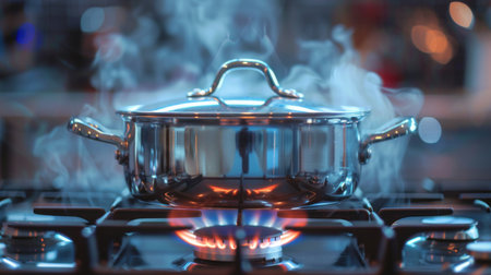 A modern stainless steel cooking pot simmering on a gas stove, steam rising from the boiling contents.の素材