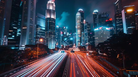 A long exposure shot of car lights streaking past towering skyscrapers in a bustling city at night.の素材