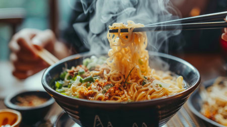 A person enjoying a bowl of traditional Asian noodles with chopsticks, steam rising from the bowl.の素材