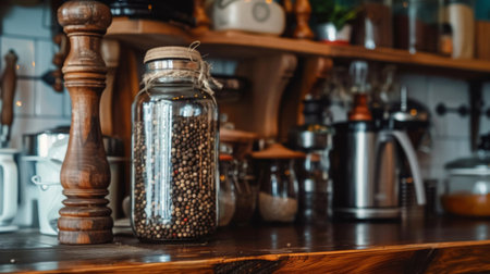 A jar of whole peppercorns and a pepper grinder on a kitchen shelf, ready for seasoning.の素材