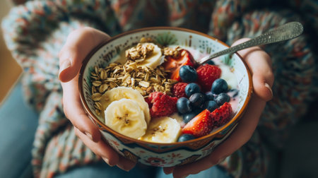 A person enjoying a healthy breakfast with yogurt, fruits, and granola in a decorative breakfast bowl.の素材