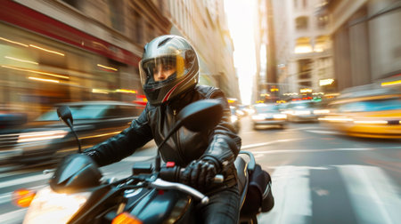 A motorcyclist wearing a helmet navigating through city traffic with motion blur effect.の素材