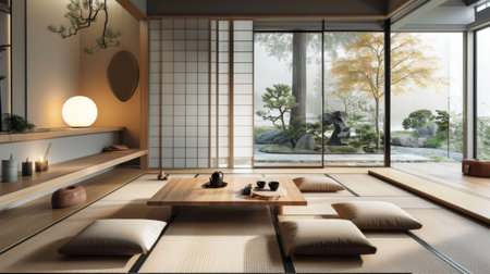 A minimalist Japanese-inspired living room with tatami mats, low wooden tables, and floor cushions.の素材
